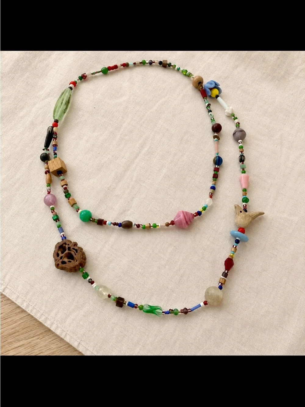 Vintage Artisan Collector Bead Necklace Handblown Glass Wood Clay Carved Bird Ex